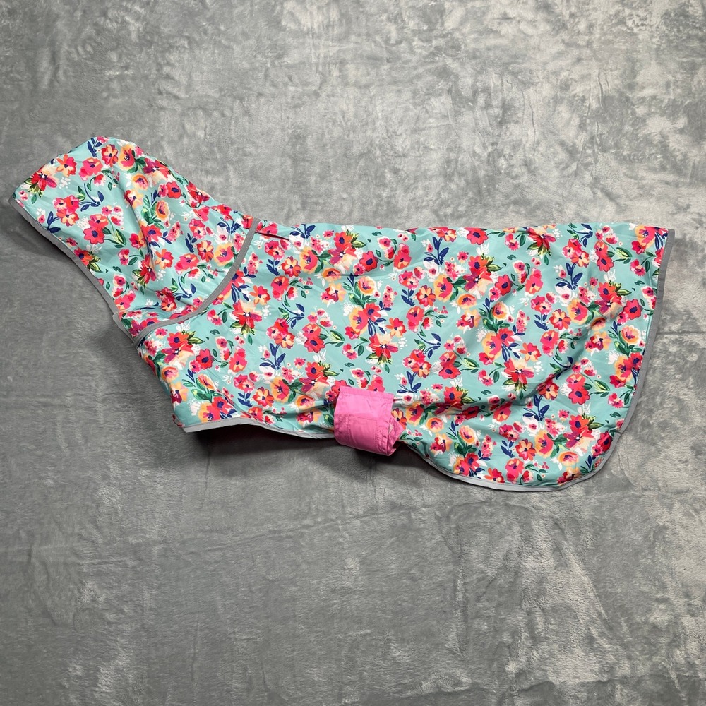Dog Raincoat Large Floral Teal Pink Flowers Hooded‎ Reflective Pet Jacket